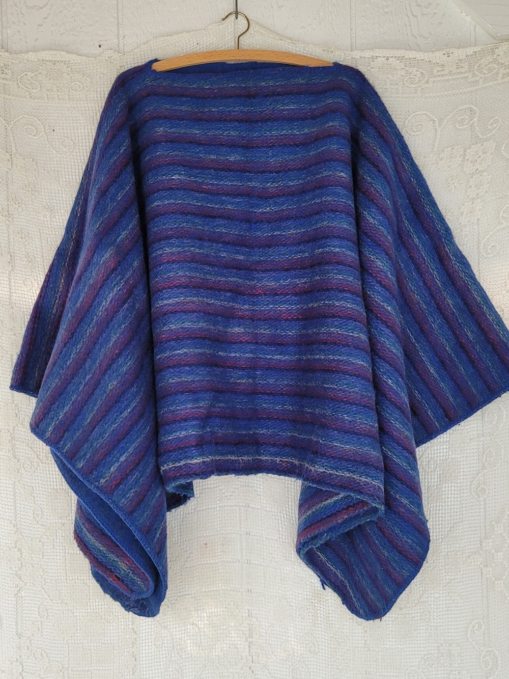 Vintage Blue & Purple Striped Women’s Sweater Poncho Heavy
